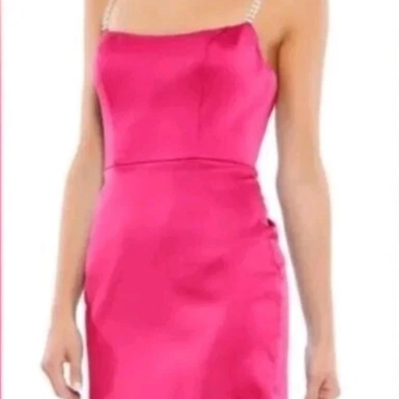 Mac Duggal Pink Rhinestone Strap Satin Mini Dress by IEENA for Mac Duggal 55691